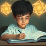 child working at organized desk with school supplies during homework time