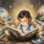 Child reading comfortably in a cozy reading nook with books