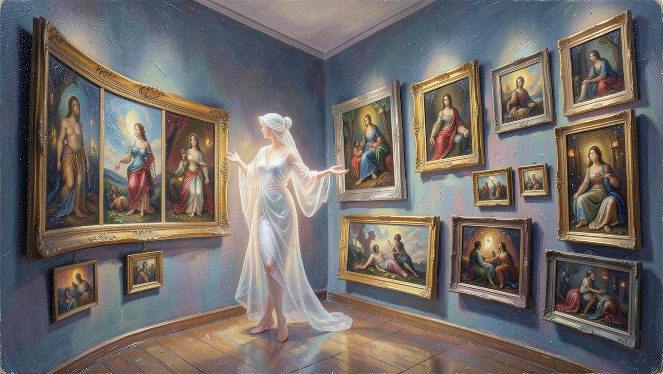 Corner gallery wall display with multiple artworks arranged across two walls
