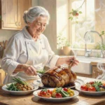 Traditional British Sunday roast dinner with meat, roast potatoes, and Yorkshire pudding