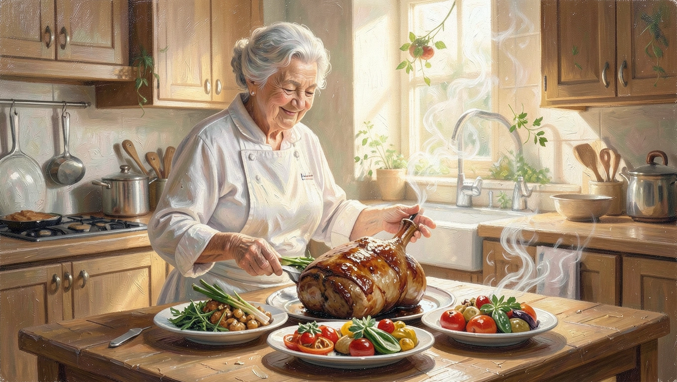 Traditional British Sunday roast dinner with meat, roast potatoes, and Yorkshire pudding
